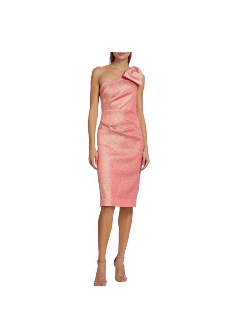 Teri Jon One-Shoulder Bow Detail Midi Dress In Coral Pink